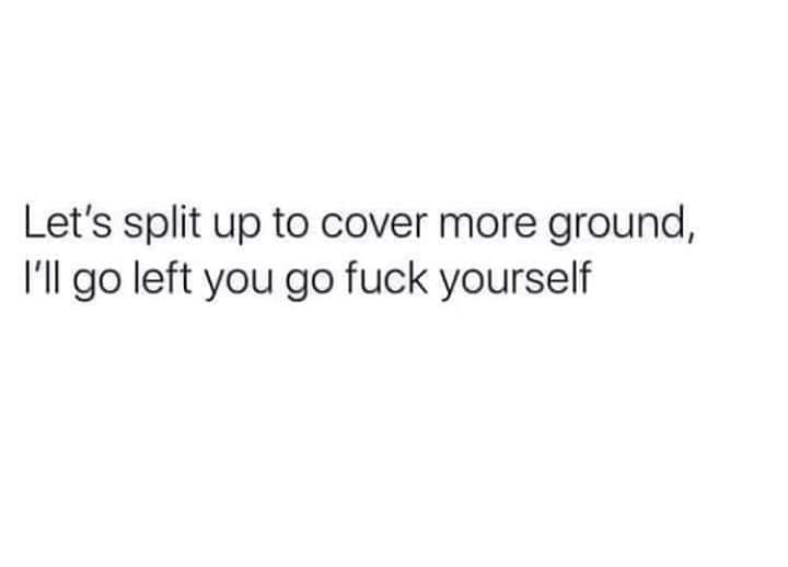This meme is a humorous and sarcastic response to a situation where someone is being asked to leave a place or situation. The text "Let's split up to cover more ground, I'll go left you go right, I'll go left you go right, I'll go left you go" is repeated, but the last part is cut off to say "I'll go left you go right, I'll go left you go right, I'LL GO LEFT YOU GO..." followed by a string of profanity. The final text reads "I'll go left you go right, I'll go left you go right, I'LL GO LEFT YOU GO..." followed by a string of profanity.